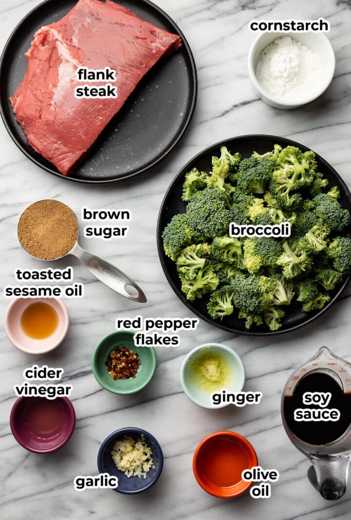ingredients for beef and broccoli on a countertop