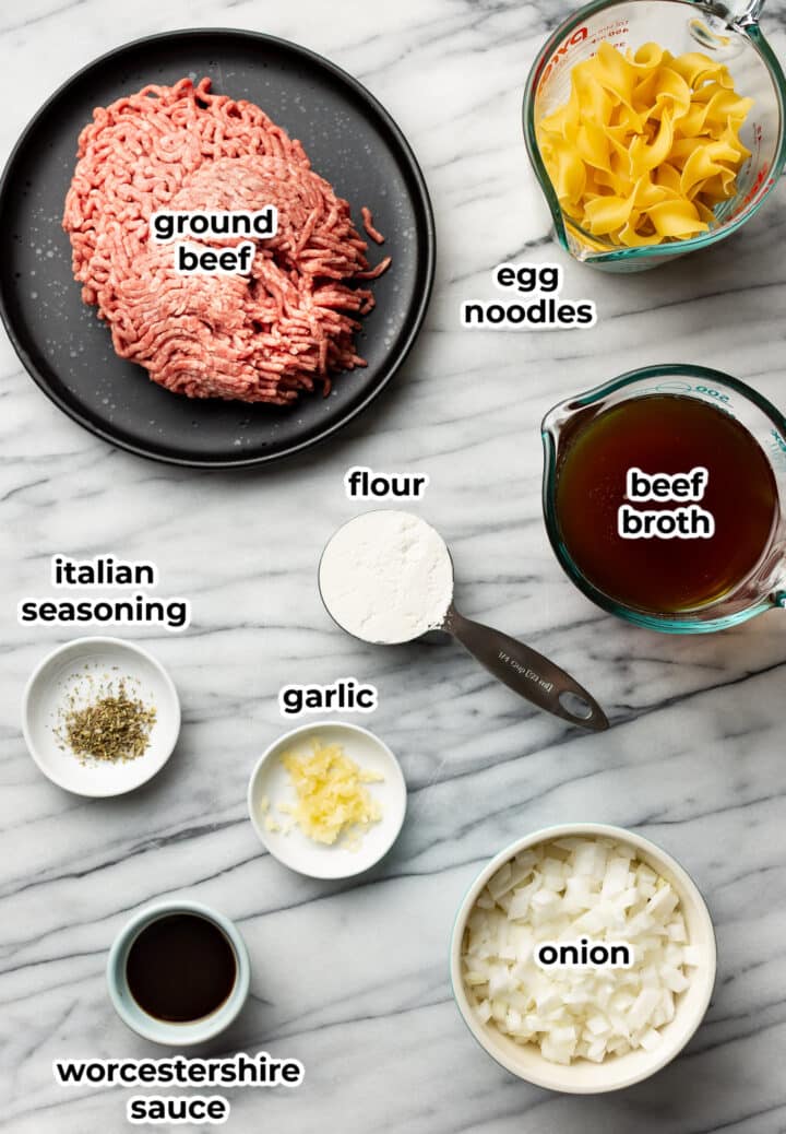 ingredients for beef and noodles on a countertop