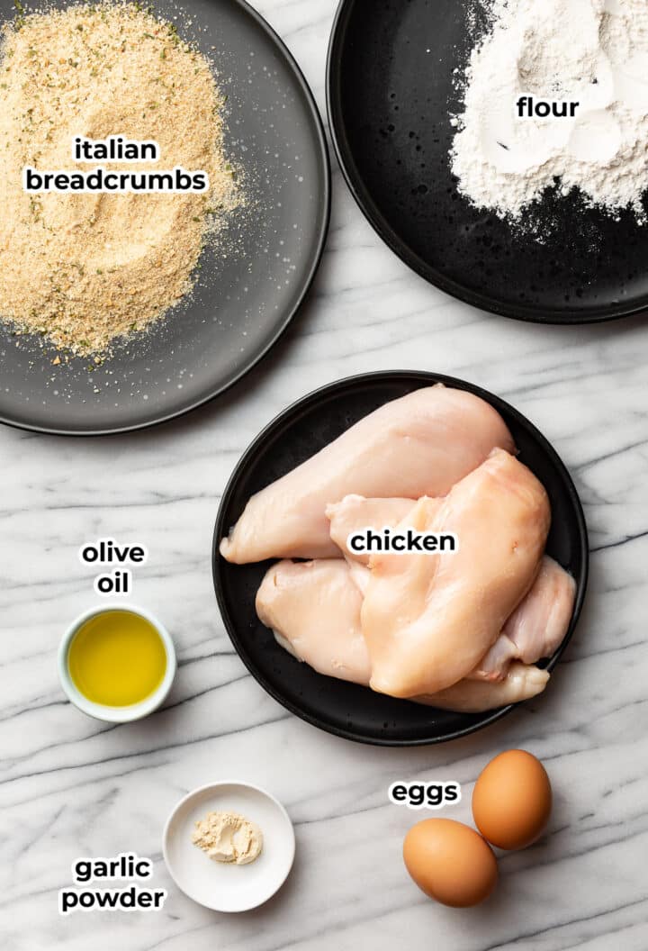 ingredients for chicken milanese on a counter