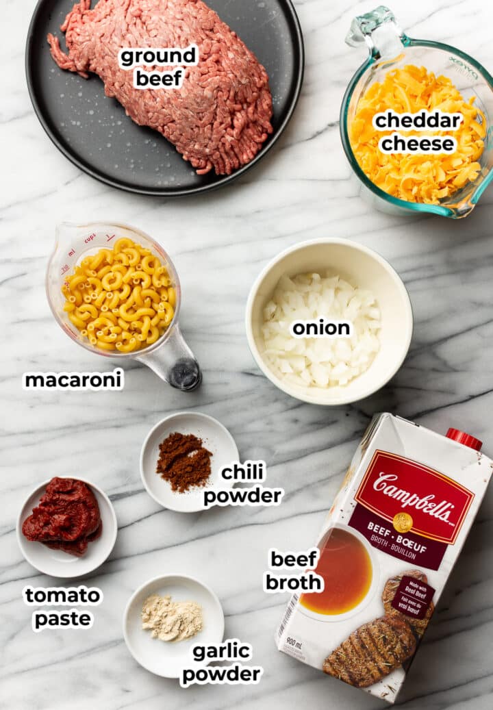 ingredients for homemade hamburger helper on a counter