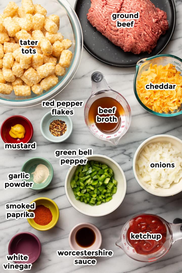 ingredients for sloppy joe casserole on in prep bowls