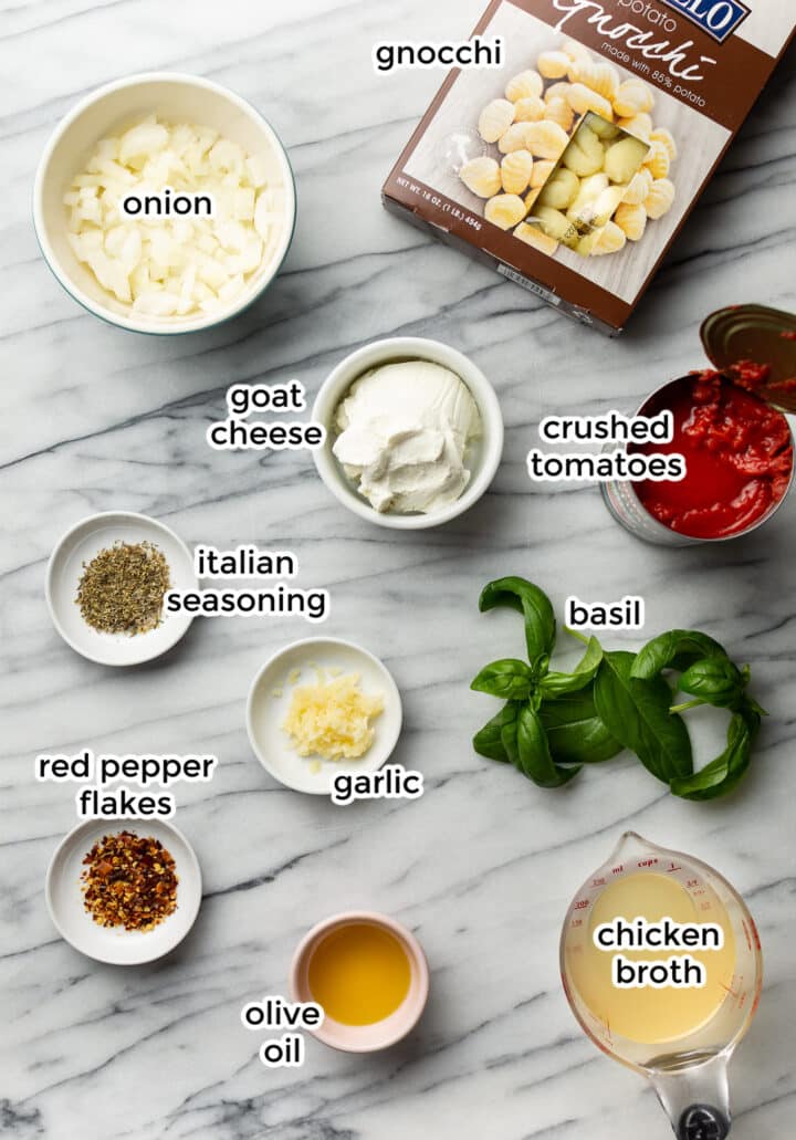 ingredients for tomato goat cheese gnocchi in prep bowls