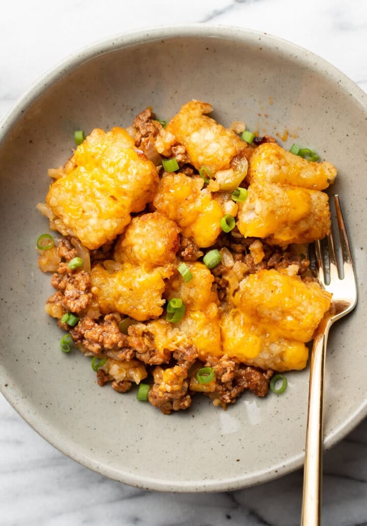 a bowl with a portion of sloppy joe casserole