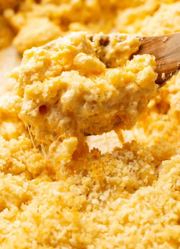 closeup of a spoonful of baked mac and cheese