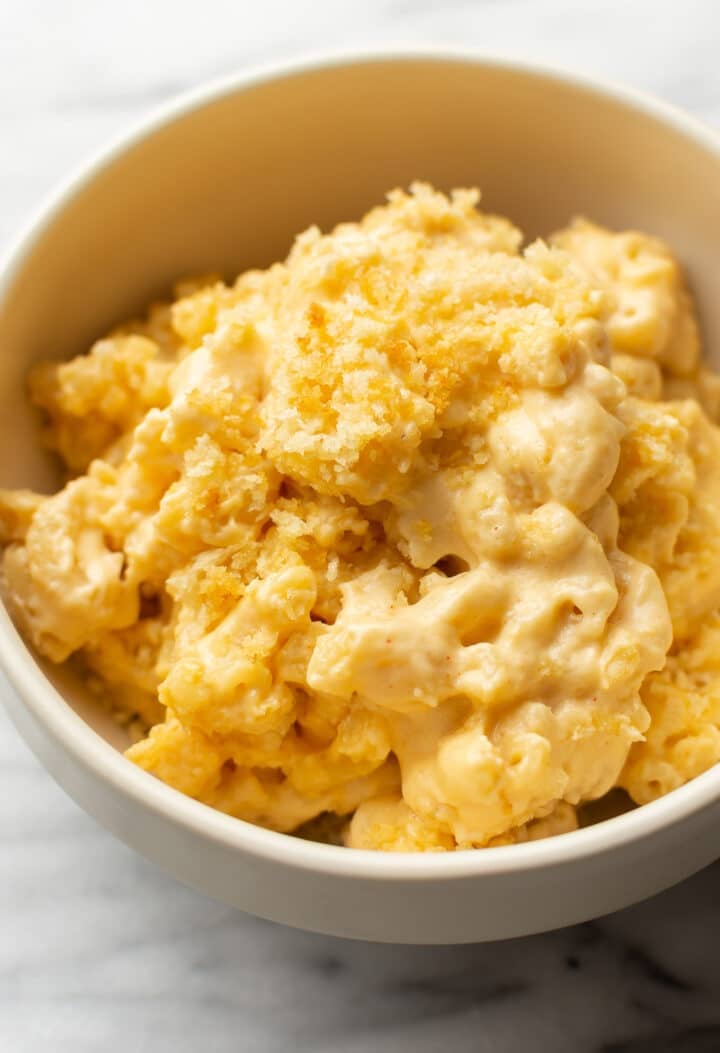 a bowl of cheesy baked mac and cheese