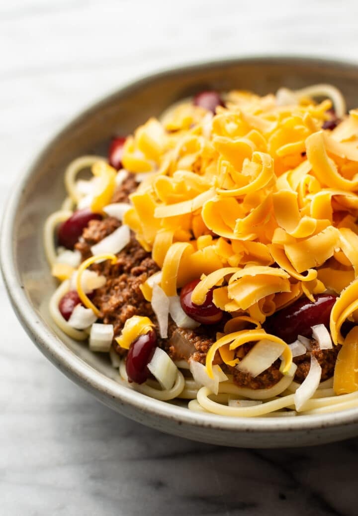 closeup of a bowl of cincinnati chili