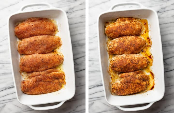 chicken in a casserole dish before and after baking