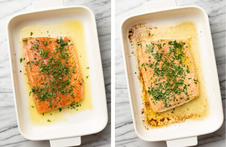 salmon in a baking tray before and after the oven