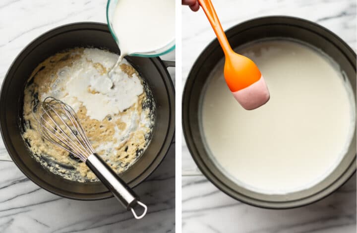 whisking in half and half to make sauce for baked mac and cheese
