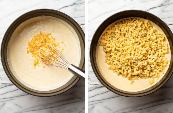 making cheese sauce and adding in macaroni