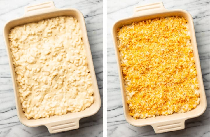 adding macaroni and a layer of cheese to a baking dish