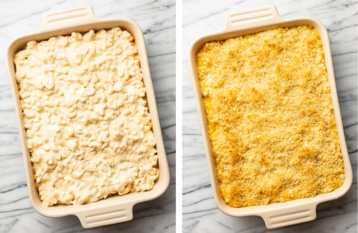 adding another layer of mac and cheese and breadcrumbs topping to a baking dish