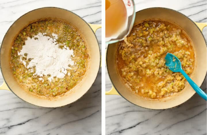 adding flour and broth to a pot of beer cheese soup