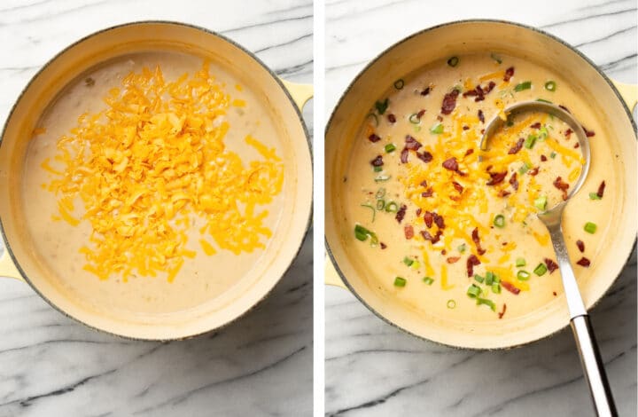 adding cheese, scallions, and bacon to beer cheese soup
