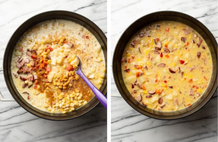 adding cream and seasoning to cajun corn chowder