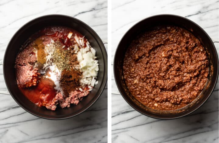 a pot of cincinnati chili before and after cooking
