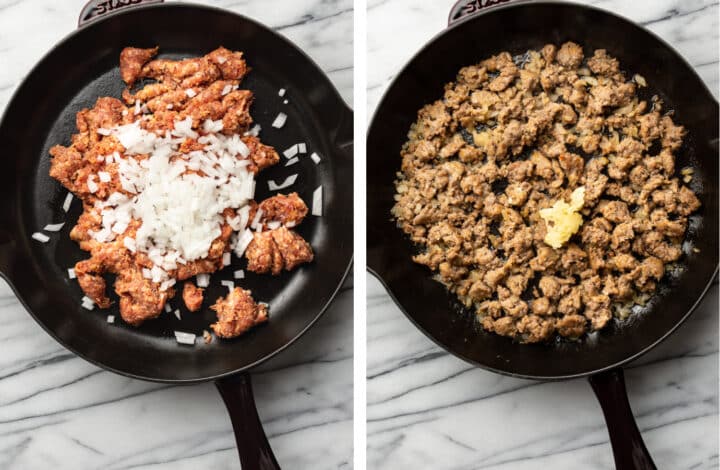 sauteing italian sausage in a skillet with onions