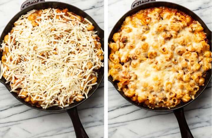 spicy vodka pasta bake in a skillet before and after oven