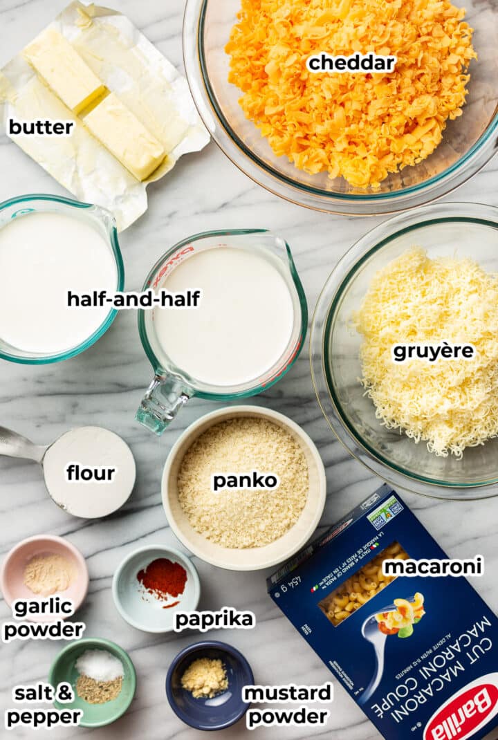 ingredients for baked mac and cheese on a countertop