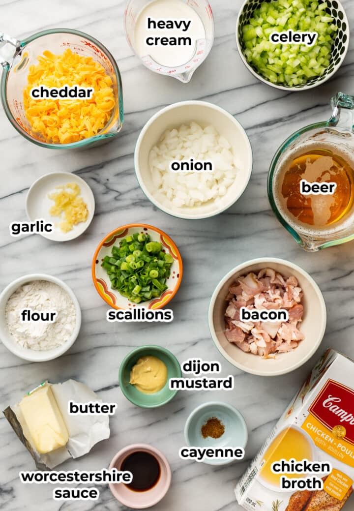 ingredients for beer cheese soup in prep bowls