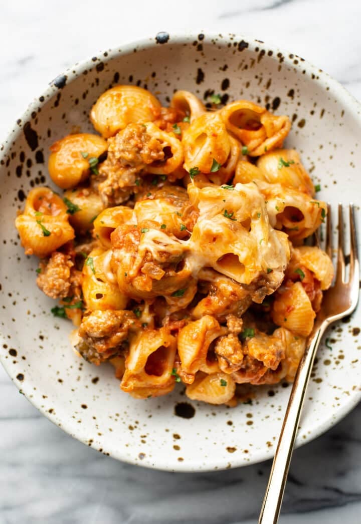 a bowl with a portion of spicy vodka pasta bake