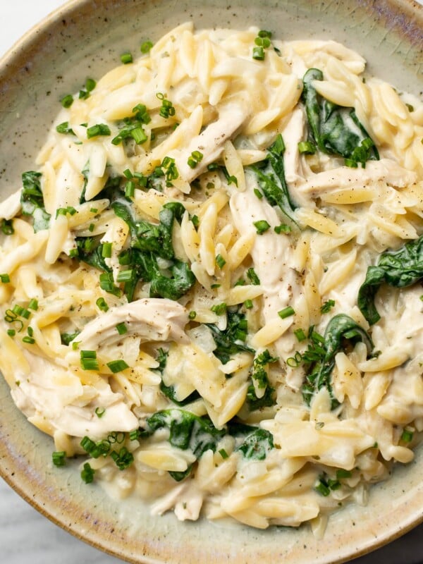 a bowl of boursin orzo with chicken