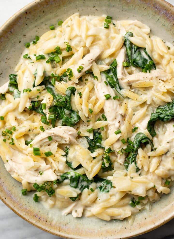 a bowl of boursin orzo with chicken