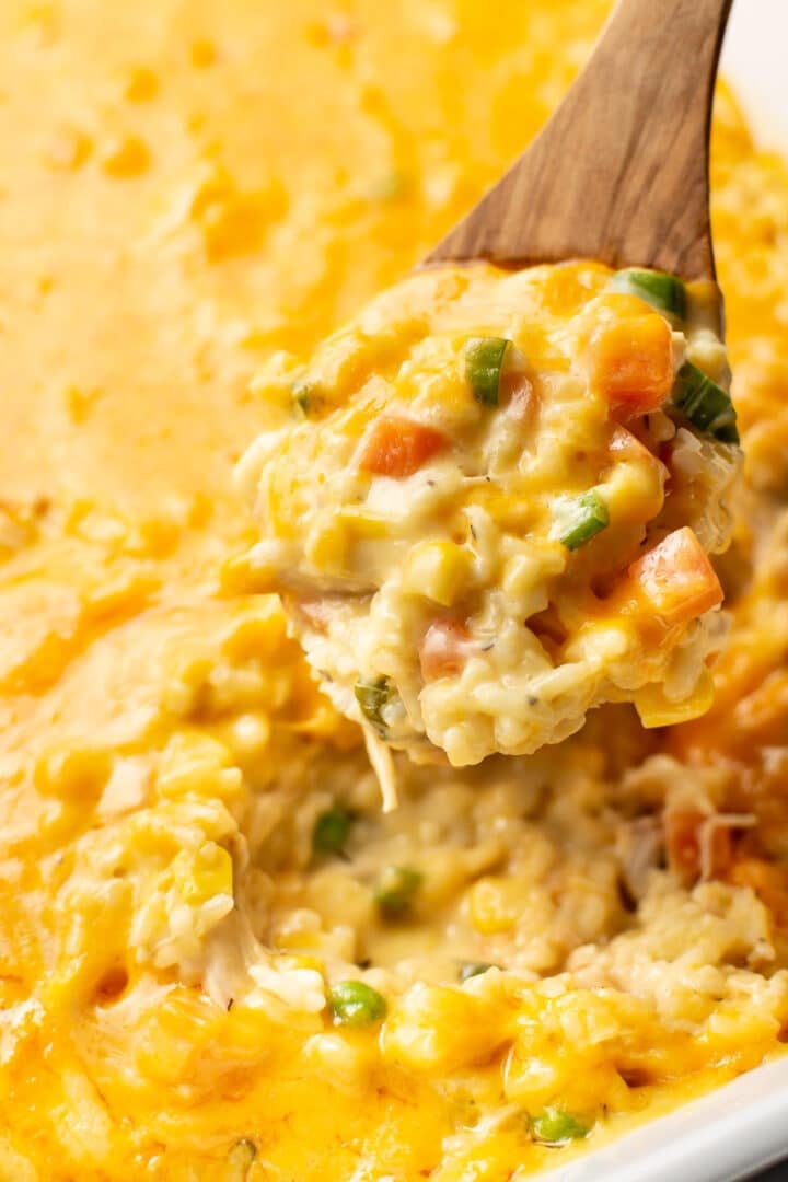 closeup of a serving spoon with chicken and rice casserole