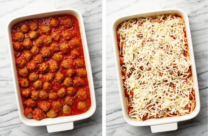 adding mozzarella and marinara sauce to a baking dish with meatballs