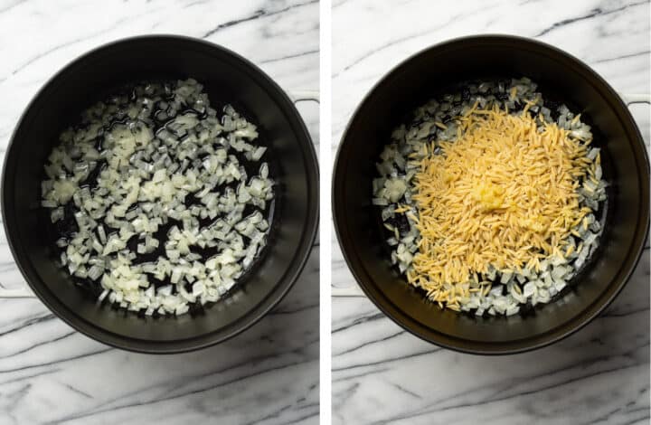 sauteing onion and orzo in a pot