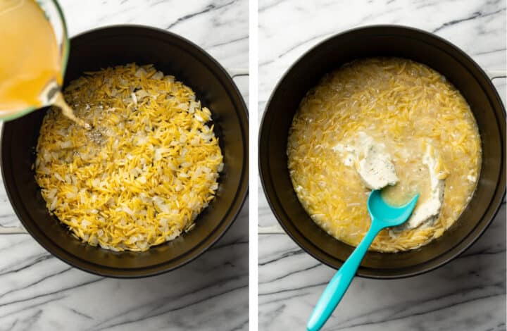 adding chicken broth and stirring in boursin to a pot