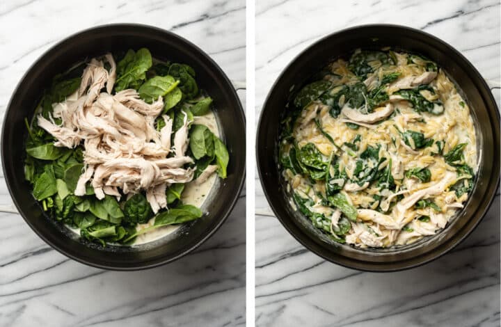 adding chicken an spinach to boursin orzo