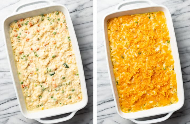 adding cheddar to a baking dish with chicken and rice casserole
