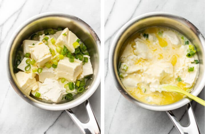 making cream and cheese mixture in a saucepan for mashed potatoes