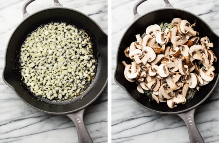 sauteing onions and mushrooms in a skillet for boursin gnocchi