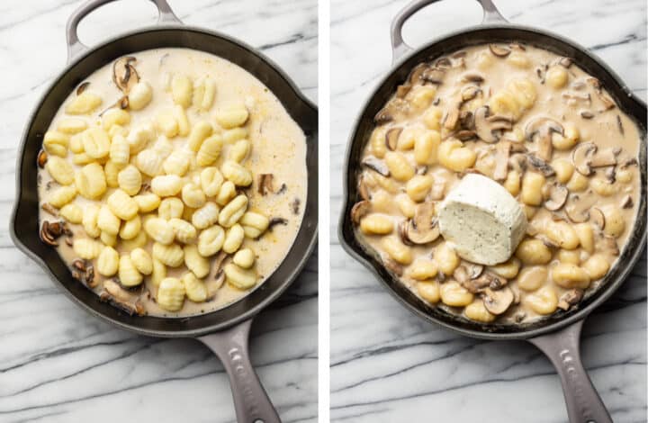 adding gnocchi and boursin to a skillet