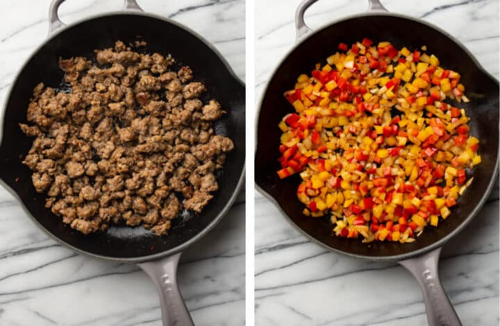 sauteing italian sausage and bell peppers in a skillet