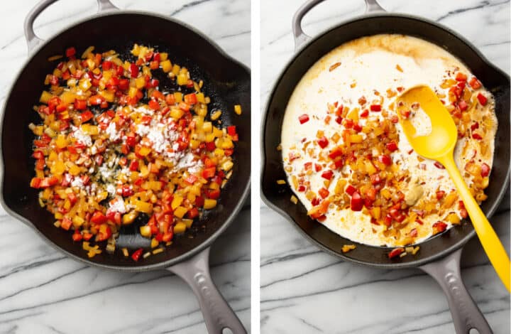 adding in cream to a skillet for sausage and peppers pasta