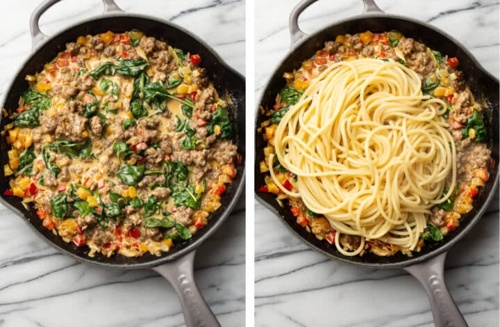 adding spinach and bucatini to a skillet for creamy sausage and peppers pasta