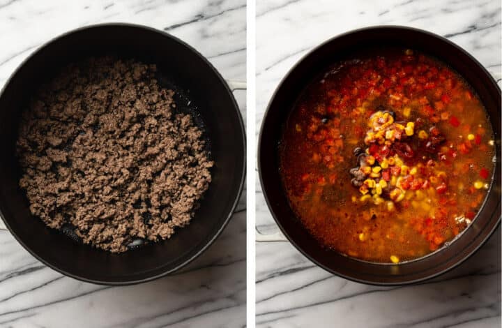 cooking ground beef in a soup pot and adding in corn, broth, and beans