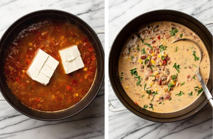 adding cream cheese to a pot of creamy taco soup