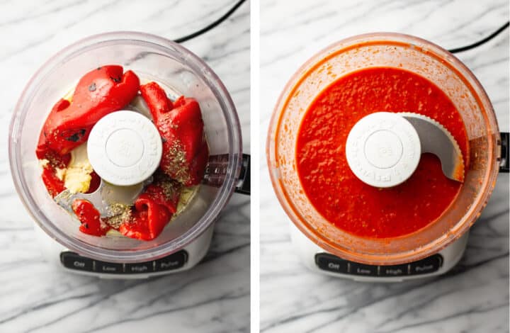 blending roasted red peppers in a food processor