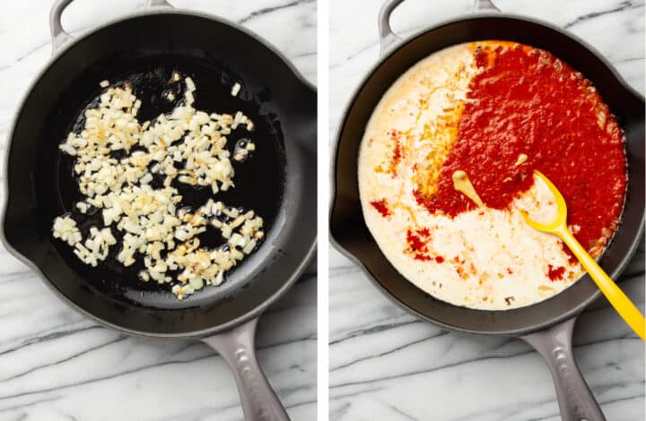 sauteing onion in a skillet and making roasted red pepper sauce for pasta