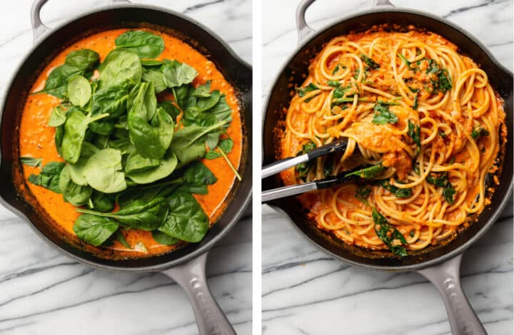 tossing pasta in a skillet with spinach and red pepper sauce