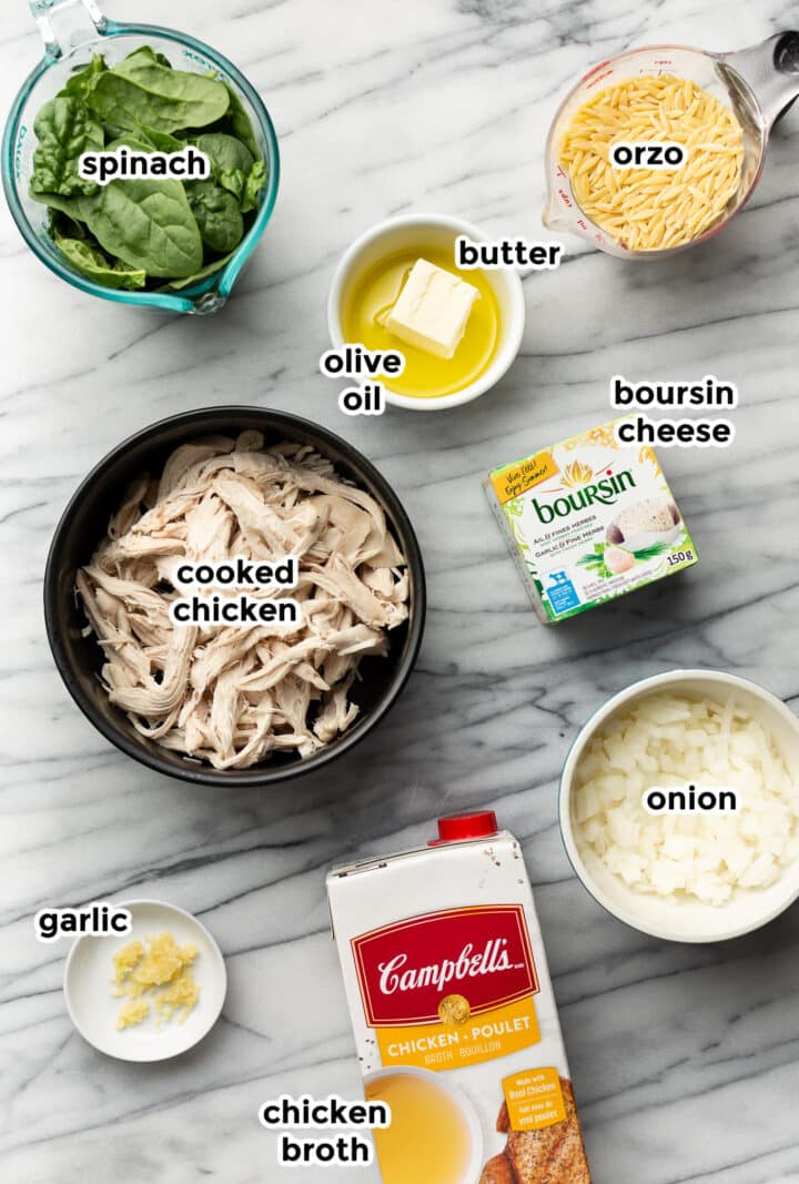 ingredients for boursin orzo with chicken on a countertop