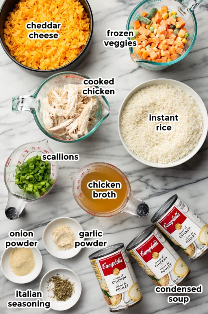 ingredients for chicken and rice casserole in prep bowls