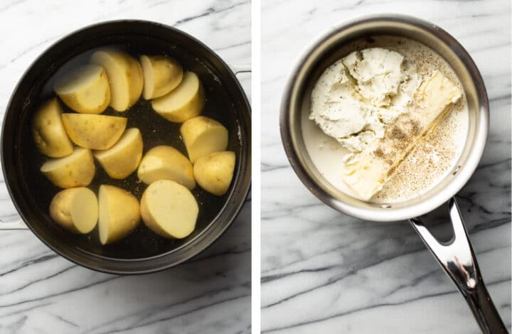 boiling potatoes and making creamy mixture in a saucepan