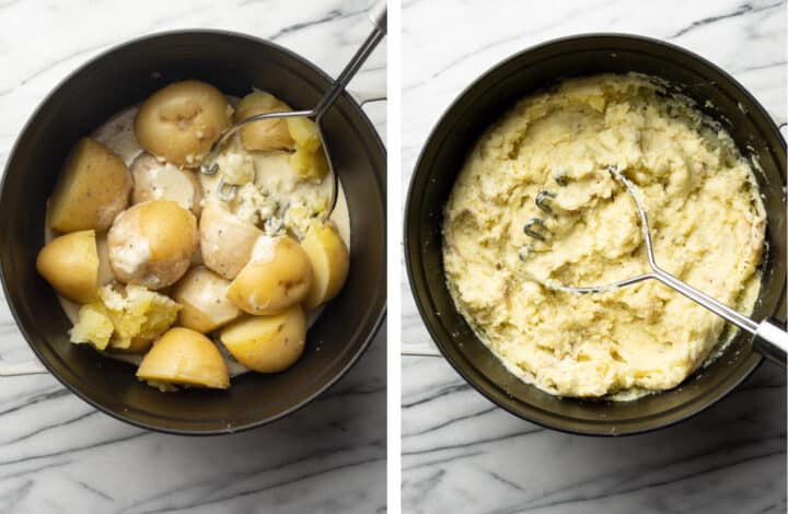 boursin mashed potatoes in a pot before and after mashing