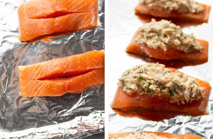 preparing cajun stuffed salmon on a baking sheet