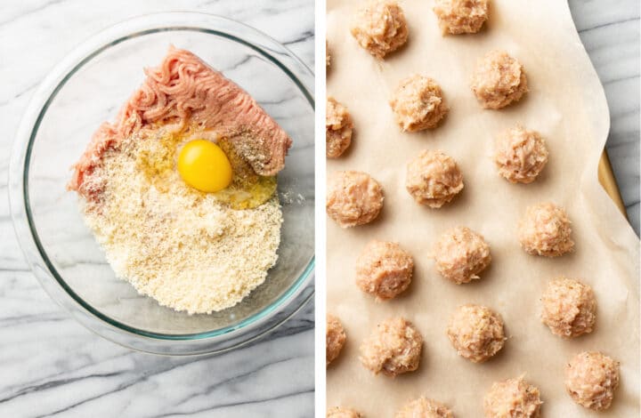 mixing ground chicken and forming into meatballs